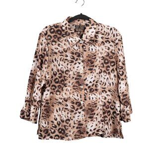 Leopard Print Sheer Blouse Tanks Set XL Womens XL Brown Button Up Ruffle Sleeve